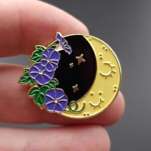Moon with Morning Glories Enamel Pin